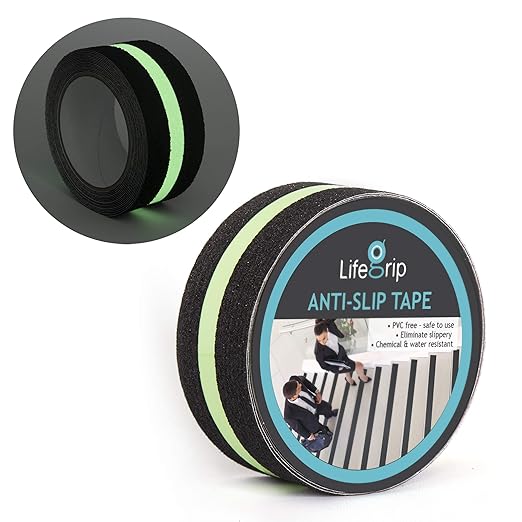 LifeGrip Anti Slip Traction Tape with Glow in Dark Green Stripe, 2 Inch x 30 Feet - Best Grip, Friction, Abrasive Adhesive for Stairs, Tread Step, Indoor, Outdoor, Black (2" X 30')