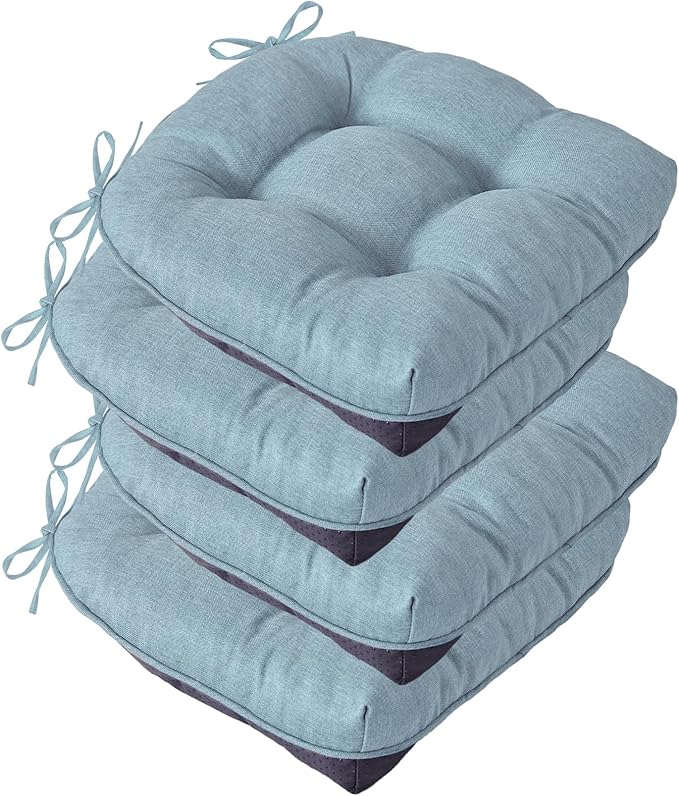 IASEAHK Chair Cushions for Dining Chairs, Seat Cushions for Kitchen Chairs, Indoor Seat Cushions with Ties, Tufted Foam Chair Pads, Non Slip Chair Cushions Set of 4, 15.5" x 15.5" x 4", Light Blue