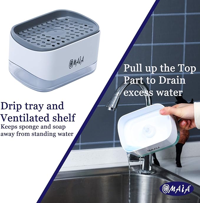 OMAIA 2-in-1 Dish Soap Dispenser with Sponge Holder - Smart Kitchen Gadget - Sink Countertop Organizer