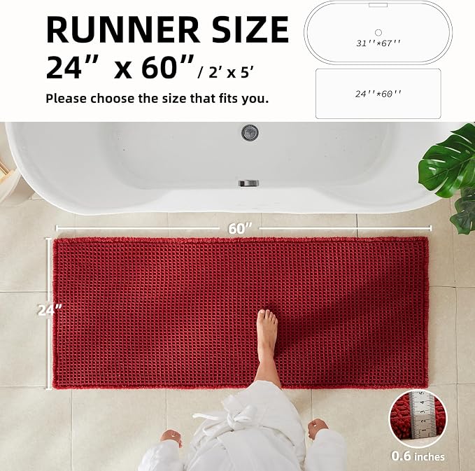 TYUU Waffle Runner Rug Bathroom, Long Boho Bathroom Rugs Non Slip Washable Super Absorbent Quick Dry Farmhouse Bath Decor, 60"x24" Burgundy