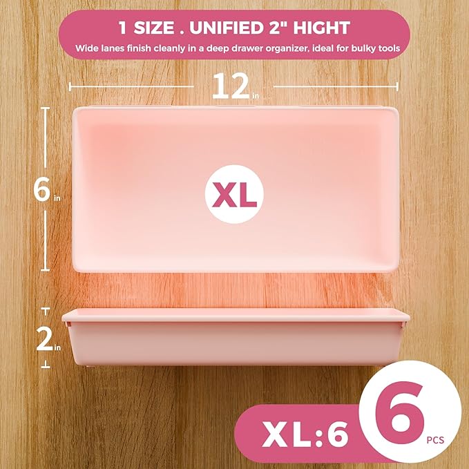[6 PCS Extra-Large] Pink Drawer Organizer Trays with Non-Slip Pads, Interlocking Storage Bins for Vanity, Desk, Bathroom, Kitchen, Home Office and Utility Drawers