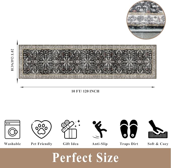 2x10 Hallway Runner Rug Non Slip Washable – Boho Floral Long Floor Carpet Runner for Kitchen Entryway Bedroom Living Room, Soft Low-Pile Thin Area Rug (Black, 2x10)
