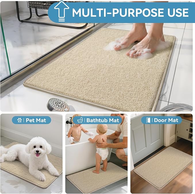 Non Slip Shower Mat Bathtub Mat 16x24 Inch, Quick Dry Bath Mat with Drain, Soft PVC Imitation Loofah Foot Scrubber Bath Mats for Bathroom Tub Shower Floor, Hangable & Hook Included, Beige