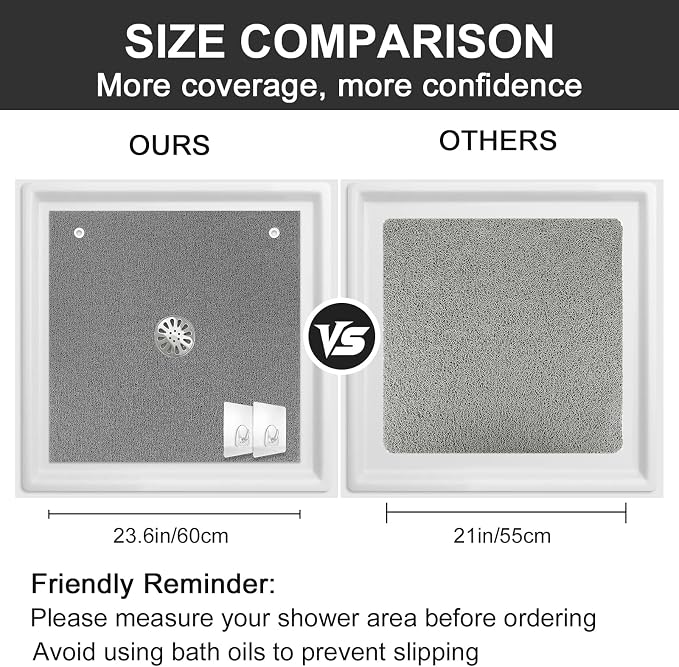 Extra Large Square Shower Mat for Inside Shower, 24 x 24 Inch Shower Floor Mat with Center Drain Hole, Designed for Walk-in Showers, Non-Slip Loofah Mat with Wide Coverage for Stable Standing