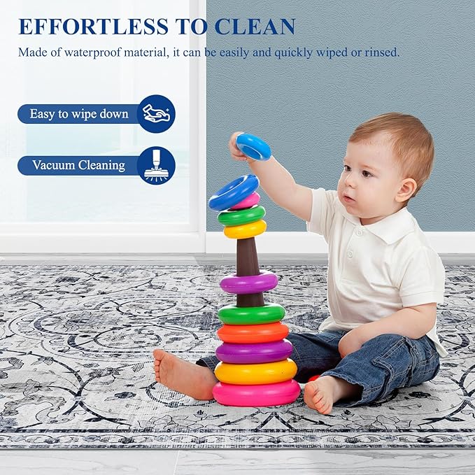 SALLOUS Floor Mat for Home, 5' x 7' Waterproof Area Rug for Living Room, Vinyl Area Rug for Bedroom, Slip Resistant Hard Floor Protector Mat for Kitchen, Bathroom, Entryway (Grayish Blue Bohemian)