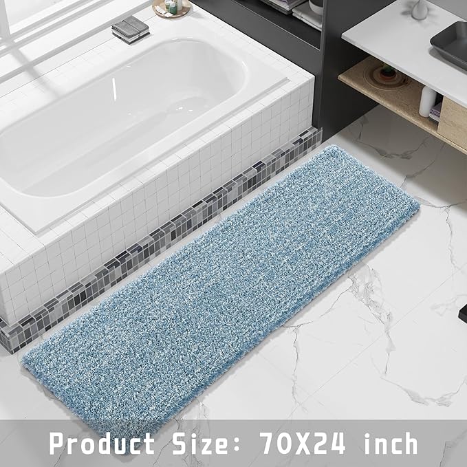 Yimobra Luxury Bathroom Rugs, Fluffy Bath Mats, Non Slip, Water Absorbent Microfiber, Machine Washable, Plush Runner Shower Rugs, Thick Matts for Bathroom Floor&Tub, 70" X 24", Denim Blue and White