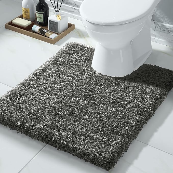 Yimobra Toilet Rugs U Shaped 24X20, Ultra Soft and Water Absorbent Bath Mats, Non Slip Fluffy Luxury Microfiber Contour Bath Rugs for Toilet, Dry Quick, Machine Washable, Light Gray and Black Gray