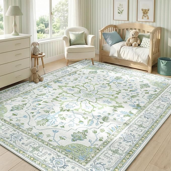 RELEANY Area Rugs 5'x7' Washable Non-Slip, Floral Vintage Distress Medallion Carpet for Living Room Bedroom Dining Room, Green White Blue