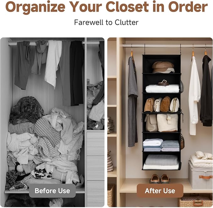 StorageWorks Hanging Closet Organizer 6-Shelf, Jumbo Separable Two 3 Shelf Closet Storage Organizer with Side Pockets, Portable Hanging Shelves for Wardrobe, RVs, 13" D x 15" W x 48 ¼"H, Black