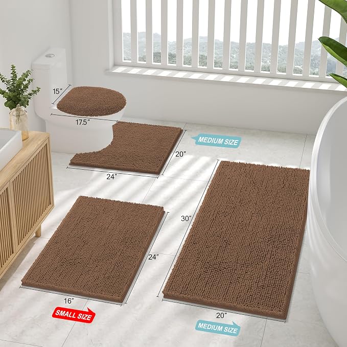 Smiry Luxury Chenille Bathroom Rugs 24x16, Extra Soft and Absorbent Shaggy Bath Mat, Machine Washable, Non-Slip Plush Carpet Runner for Tub, Shower, and Floor, Home Decor Accessories, Mocha