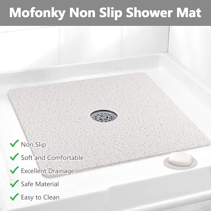 Shower Mat Non Slip: 24 x 24 Inch Square Shower Mats with Drain Hole in Middle - Soft Loofah Quick Drying Matt for Shower Stall