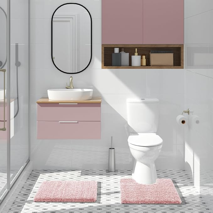 Yimobra Light Pink and White Bathroom Rugs Non Slip Washable, Ultra Soft and Water Absorbent Bath Mats, Plush Fluffy Shower Mat Outside, Microfiber Thick Matts for Bathroom Floor/Sink, 24x17