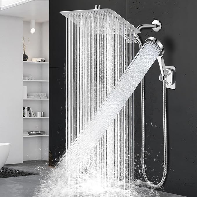 Shower Head,12”Rain Shower Head with Handheld Spray Combo and Adjustable Extension Arm/Shower System,High Pressure Rain Fall Hose,Chrome