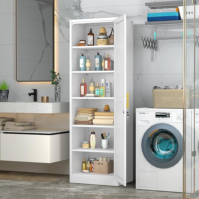 Tall Metal Narrow Bathroom Storage Locker Cabinet 67" H, Tall White Pantry Cabinets with 5 Adjustable Shelves and Lockable Doors for Kitchen, Home Office, Living Room, Dining Room