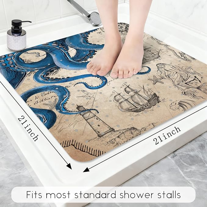 Bathtub Mat Non Slip, Octopus Square Bath tub Mat Shower Floor Mat with Suction Cups for Adults Kids Elderly 21 X 21 Inch