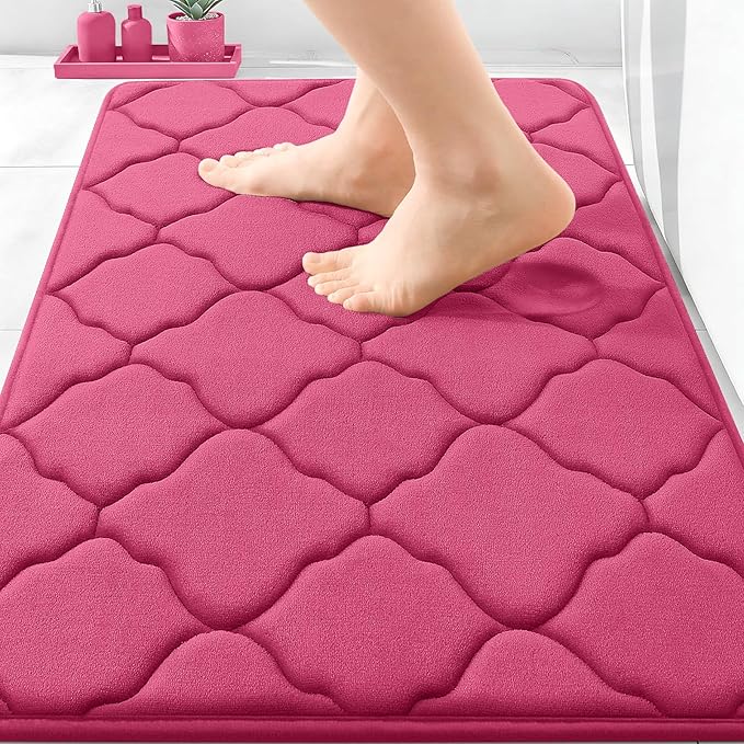 OLANLY Memory Foam Bath Mat Rug 30x20, Ultra Soft and Absorbent Bathroom Rugs, Non-Slip, Comfortable, Machine Washable Bath Carpet for Bathroom Floor, Tub, Shower and Home Decor Accessories, Deep Pink