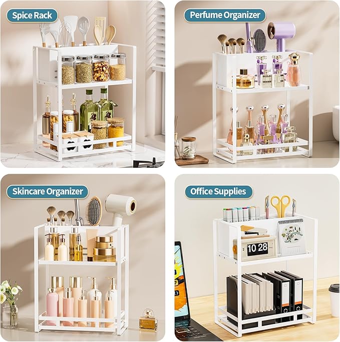 SanDream Hair Tool Organizer Bathroom Countertop, 2-Tier Metal Bathroom Organizer with Blow Dryer Holder, Large Capacity Space-Saving Vanity Shelf for Perfume, Skincare & Makeup Storage (White)