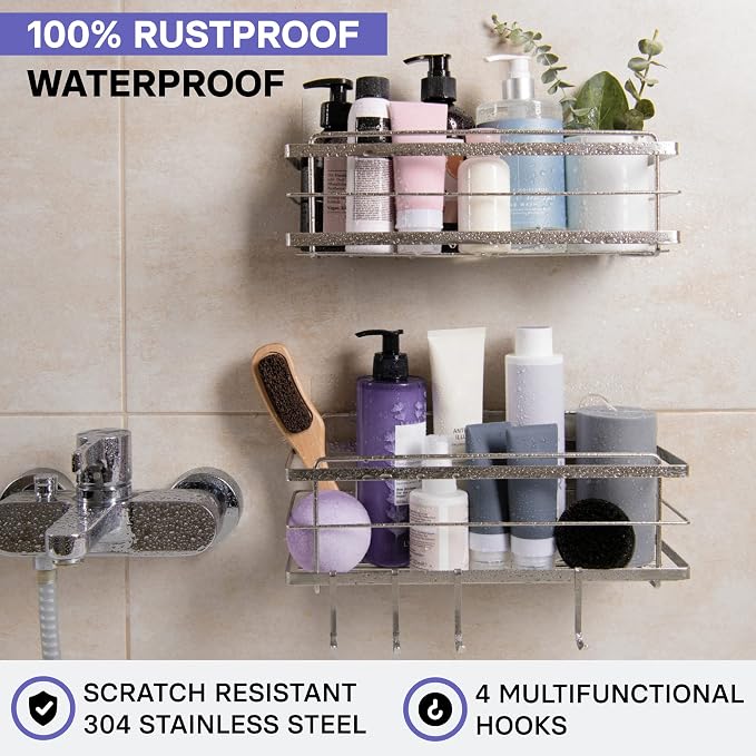 KINCMAX Shower Shelves 2-Pack - Self Adhesive Caddy with 4 Hooks - No Drill Large Capacity Stainless Steel Wall Shelf - Aesthetic Organizer for Inside Bathroom - Polished Silver