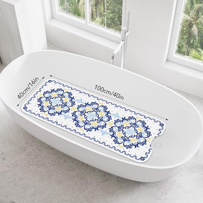 SHUCHING Blue Bath Mat for Tub Non Slip-40 X 16Inch, Boho Bathtub Mat Anti Slip, Long Shower Mat for Bathroom Mold Free, Machine Washable