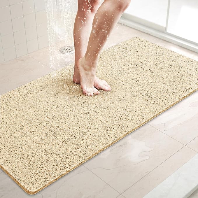 LuxStep Shower Mat Bathtub Mat,40x16 inch, Non-Slip Bath Mat with Drain, Quick Drying PVC Loofah Bathmat for Tub,Shower,Bathroom,Khaki