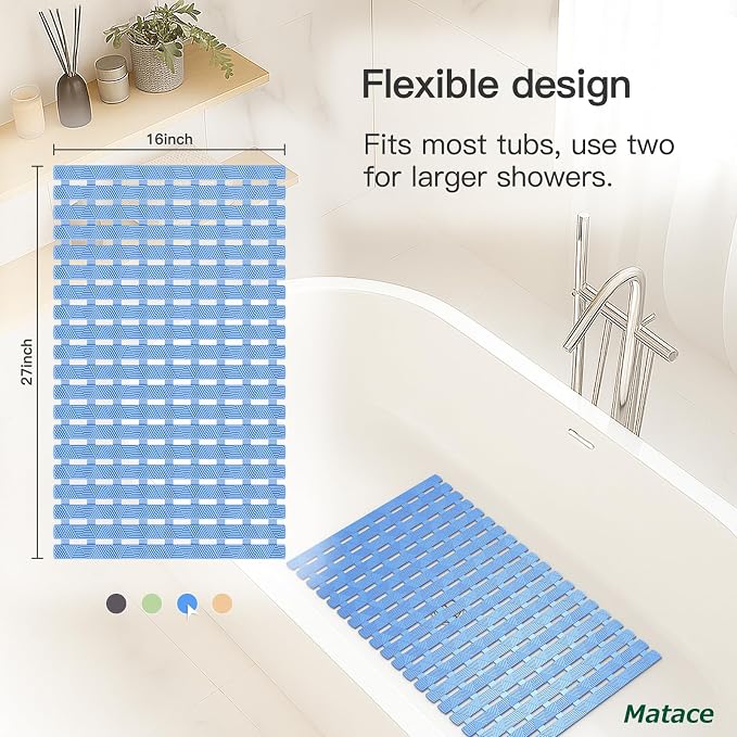 Bathtub Mat Non Slip - for Inside Bath Tub & Shower, Small 27x16 Inch, 180 Strong Suction Cups, Soft Textured Surface, Fast Drain & Quick Dry, Bathroom Safety Mat, Pastel Blue, Matace