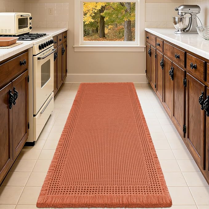 Upgrade Waffle Bath Mat, Boho Bathroom Rugs Absorbent Non Slip, Ultra Soft Bathroom Mat, Machine Washable Knit Bath Rugs with Border for Bathroom, Bedroom, Kitchen, Shower,Tub, 36"x24", Burnt Orange