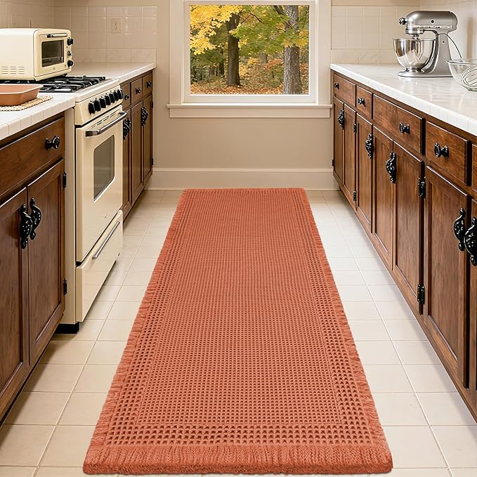 Upgrade Waffle Bath Mat Set 2 Piece, Boho Bathroom Rugs Absorbent Non Slip, Ultra Soft Bathroom Mat, Machine Washable Knit Bath Rugs with Border for Bathroom, Bedroom, Kitchen, Shower, Burnt Orange