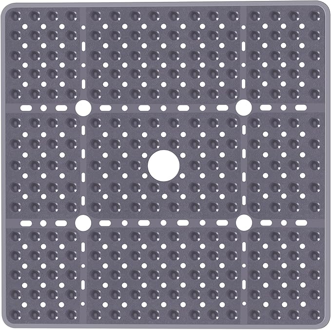 Large Square Shower Mat 27 x 27 Inch Gray, Non Slip Shower Bathtub Mats for Inside Shower with Big Suction Cups Drain Holes, Anti Slip Bathroom Floor Shower Stall Mats, Easy Clean, BPA-Free