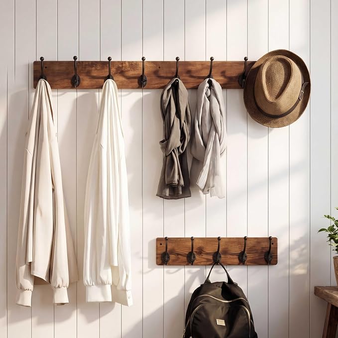 WEBI Rustic Coat Rack Wall Mount,35.43" Long 8 Cast Iron Coat Hooks Wall Mounted,Heavy Duty Wood Wall Coat Hanger Hooks for Hanging Coats,Jacket,Clothes,Backpack,Farmhouse,Rustic Brown