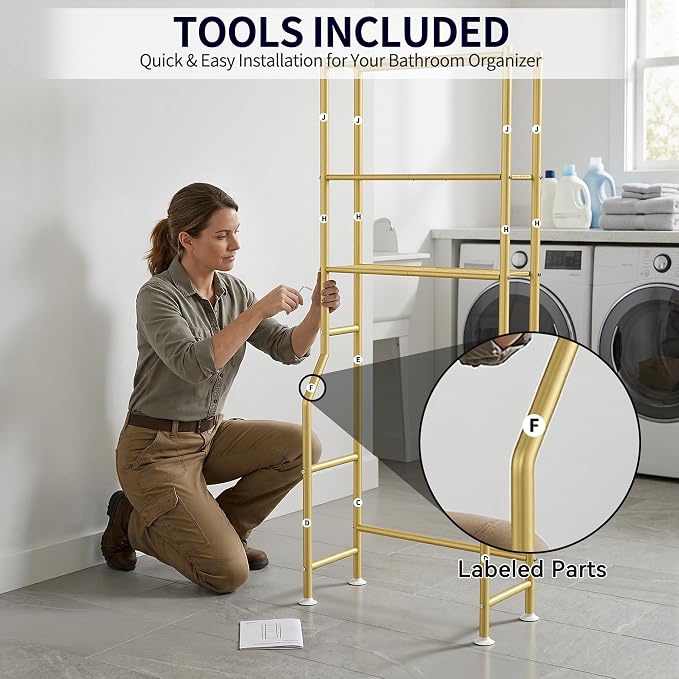 3-Tier Over The Toilet Storage, Freestanding Metal Bathroom Shelves, Space Saver Above The Over Toilet Storage Shelf for Bathroom (Gold)