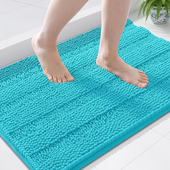 Grandaily Chenille Striped Bathroom Rugs 36x24, Extra Thick and Soft Absorbent Bath Mats, Rubber Backing, Plush Shaggy Shower Carpet, Machine Wash Dry, Bath Rug for Bathroom, Aqua Sky