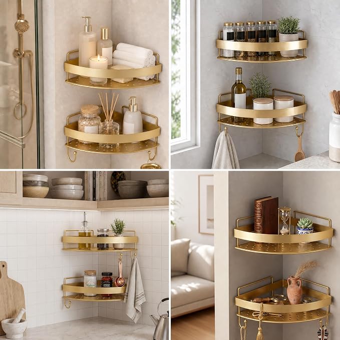 Corner Shower Shelves - 2 Tier No Drilling Shower Caddy Adhesive, Stainless Steel Shower Organizer with 4 Hooks, Wall Mounted Shower Rack for Inside Shower Corner Shelf, Gold Floating Shelves