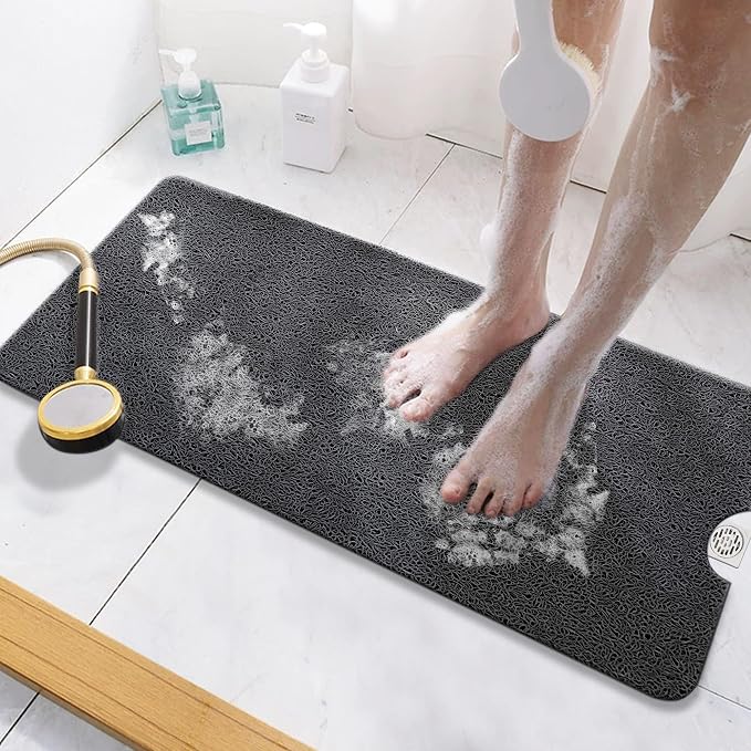 HITSLAM Non Slip Bathtub Mat 40 x 16 Inch, Extra Long Bath Mat for Tub, Soft PVC Loofah Shower Floor Mat with Drain, Quick Drying Bathroom Tub Mat for Wet Area, Without Suction Cup, Black
