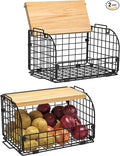 2 Set Stackable Wire Basket with Openable Top, Kitchen Counter, Pantry Organizer and Storage Produce Onion Potato Fruits Vegs Bread Food Snack Spice Organizing Bin for Cabinet Shelf Countertop Floor