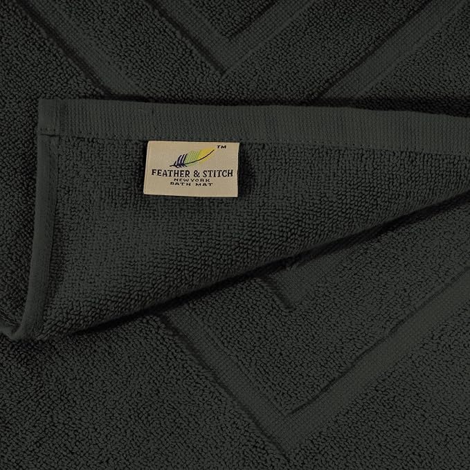 Feather & Stitch 2 Piece Towel Like Bath Mats (30x21 Inch) 100% Cotton Terry Bath Mats, Bathroom Shower Floor Mats [NOT A Bathroom Rug], Soft Absorbent Washable Mats - Charcoal