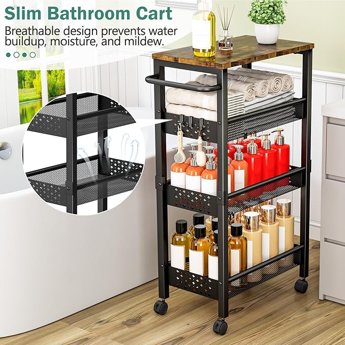 Vivihomety Utility Slim Storage Cart with Wheels, 4-Tier Narrow Rolling Organizer Shelf with Wood Top, Metal Storage Rack and Space-Saving Organizer for Bathroom, Kitchen, Laundry Room, Small Spaces