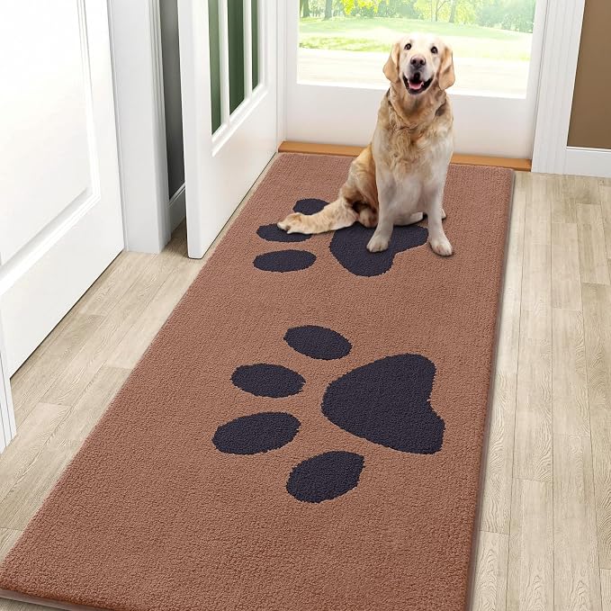 Smiry Dog Door Mat for Muddy Paws, Absorbs Moisture and Dirt, Low-Profile Entryway Mat with Non-Slip Backing, Entry Indoor Outdoor Doormat for Inside Floor (59x24 Inches, Camel and Black, Paw)