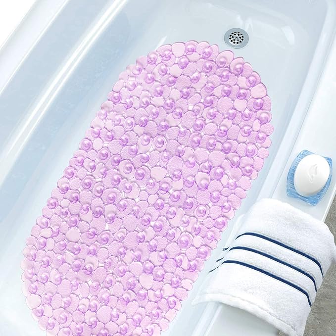 WELTRXE Pebbles Bath Mat Oval Non-Slip Bathtub Mat with Suction Cups, Drain Holes for Bathroom Showers, Tub, Machine Washable, BPA, Latex Free Safe Shower Mats, 27 x 14 Inch, Purple
