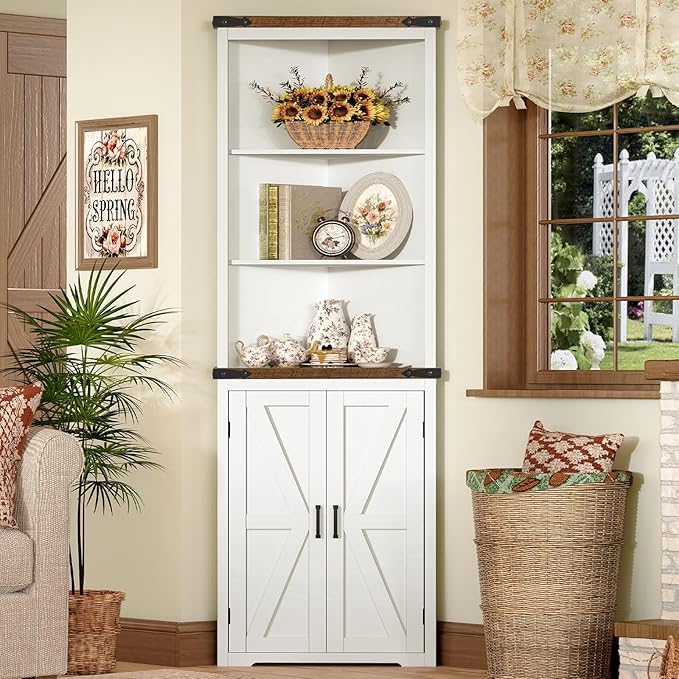 TEENFON Farmhouse Corner Cabinet, 70" H Tall Corner Hutch with 5 Shelves & 2 Barn Doors, Bathroom Cabinet with Adjustable Shelf, for Living Room, Kitchen, Bathroom, White