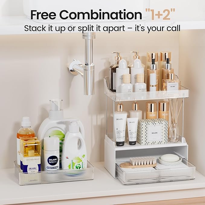 Delamu Bathroom Organizers and Storage, 2 Tier 2 Drawer Makeup Organizer Countertop, Easy to Install, Ideal for Bathroom Counter, Vanity, Clear