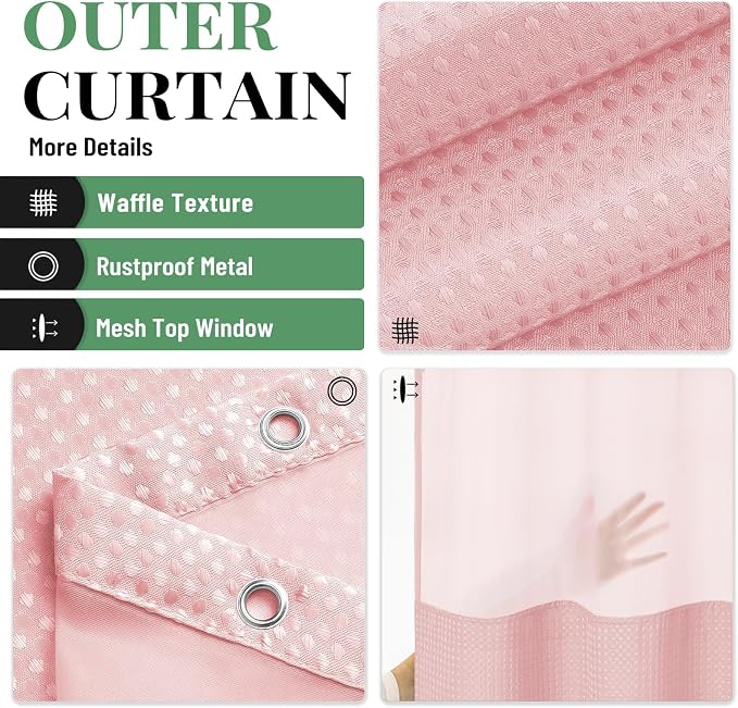 Dynamene 78 Inch Long Shower Curtain, Tall Waffle Fabric Shower Curtains for Bathroom, Hotel Waterproof Cloth Shower Curtain Liner Set with Hooks, Snap in Liner, Mesh Top Window, Pink, 72x78