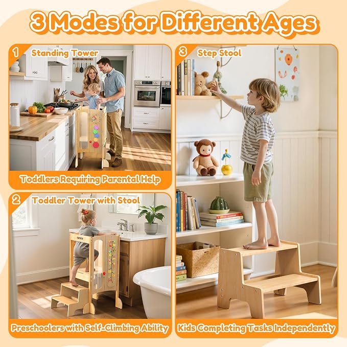 Foldable Toddler Tower, Kitchen Stool Helper with 2 Step Stool, Toddler Standing Tower for Kids with Safety Net, Adjustable Height, Chalk-Whiteboard &Montessori Activity Games