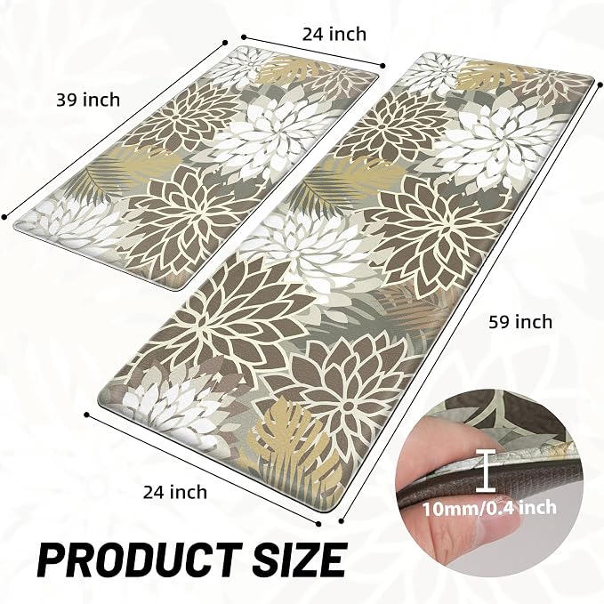 Arenarug Kitchen Mats for Floor 2PCS Cushioned Anti Fatigue Kitchen Mats Waterproof Non Slip Kitchen Mat Rug Set Comfort Foam Standing Mat for Sink, Laundry, Office, 24"x39"+24"x59", Brown White
