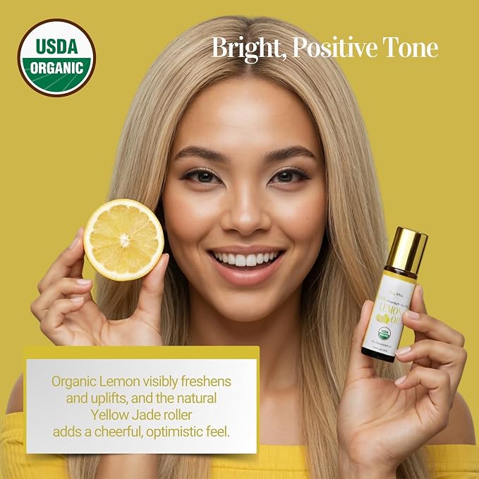Lemon Essential Oil Roll On for Energy Mood Uplift Anxiety Relief - 100% Pure USDA Organic MCT Coconut Oil - Mental Clarity Focus Positivity Citrus Scent Perfume - Gemstone Roller 10ml Travel Size