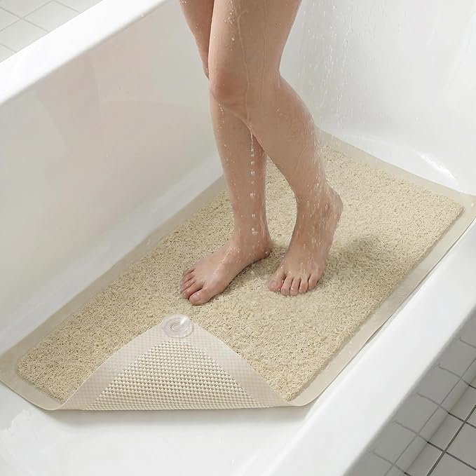 Upgraded Anti Slip Shower Mat for Inside Shower,Non Slip Bathtub Mat with Suction Cups,Shower Floor Mat,Scrubber Mats,Easy to Clean,Quick Dry,Easy Drainage,Loofah Bath Mat for Tub,Beige,24''x24''