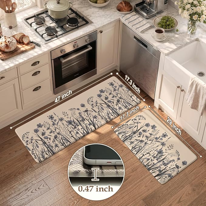 KIMODE Anti Fatigue Kitchen Mats for Floor, Farmhouse Kitchen Rugs Sets of 2, Cushioned Kitchen Floor Mats, Comfort Standing Mat for Sink, Laundry, Office, Desk Brown/Grey 17"x47"+17"x29"