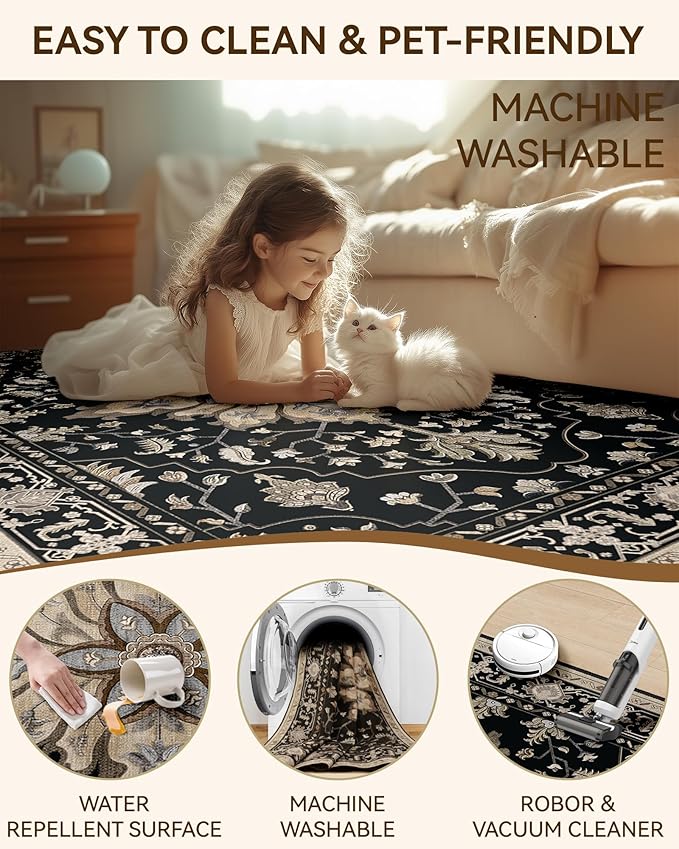 RELEANY Area Rugs Runner 2'x10' Washable Non-Slip, Floral Vintage Distress Medallion Carpet for Kitchen Hallway Bedroom Beside Laundry Room Bathroom, Black Brown Neutral Dark Tan