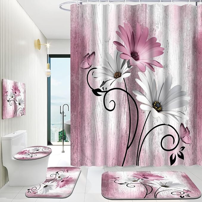 Onalasyc 4PCS Pink Daisy Flowers Butterfly Shower Curtain Set with Shower Curtain and Carpet and Accessories, Waterproof Bathroom Shower Curtain Decorative Set with 12 pcs Hooks,71 x 71in
