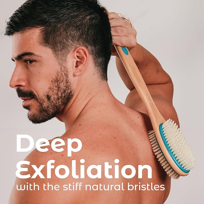 MainBasics Back Scrubber Shower Brush Long Handle Dual Sided Body Brush with Exfoliating Soft Bristles for Back Scrubbing Deep Cleaning and Body Wash (Teal)