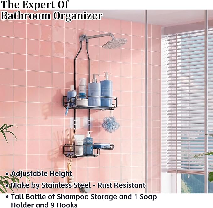 Skyapex Hanging Shower Caddy Bathroom Organizer - Over The Shower Head Adjustable Rack for Tall Showerheads, Extra Large Storage Shelf with Soap Holder for Big Shampoo Bottles